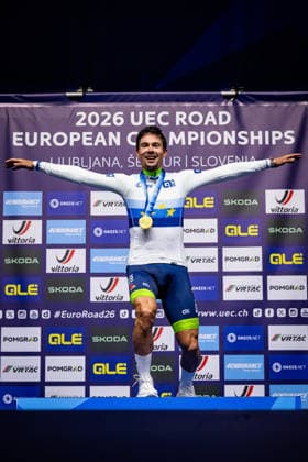 ROGLIÄa PrimoÅ¾ - ROGLIC Primoz: UEC Road cycling, Rad, Radsport, Strasse European Championships - Ljubljana 2026 ROGLIÄa PrimoÅ¾ - ROGLIC Primoz ( SLO ) Slovenia Winner - First Place - Award Ceremony Medal Ceremony Podium - Hochformat hoch vertikal Portrait - Event Veranstaltung: UEC Road Cycling European Championships 2026 Ljubljana - Category Kategorie: Cycling - Road Cycling European Championships - Individual Time Trail Elite Men - Location Ort: Europe Slovenia - Sencur - Å enÄur - Discipline: Individual Time Trail ( ITT ) - Distance: 22 km - Date Datum: 07.10.2026 Wednesday Day 5 -