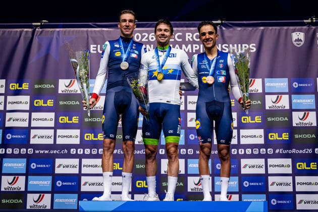 ARMIRAIL Bruno, ROGLIÄa PrimoÅ¾ - ROGLIC Primoz, DECOMBLE Maxime: UEC Road cycling, Rad, Radsport, Strasse European Championships - Ljubljana 2026 ARMIRAIL Bruno ( FRA ) - France - Second Place - ROGLIÄa PrimoÅ¾ - ROGLIC Primoz ( SLO ) Slovenia Winner - First Place DECOMBLE Maxime ( FRA ) - France - Third Place - Award Ceremony Medal Ceremony Podium - Querformat - quer - horizontal - Landscape - Event Veranstaltung: UEC Road Cycling European Championships 2026 Ljubljana - Category Kategorie: Cycling - Road Cycling European Championships - Individual Time Trail Elite Men - Location Ort: Europe Slovenia - Sencur - Å enÄur - Discipline: Individual Time Trail ( ITT ) - Distance: 22 km - Date Datum: 07.10.2026 Wednesday Day 5 -