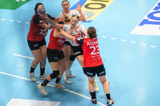 Marcela Arounian (Thueringer HC, 36), Maxi Muehlner (HSG Blomberg-Lippe, 10), A. Bra Oddsdottir Hagalin (Thueringer HC, 06), Nieke Kuehne (HSG Blomberg-Lippe, 09), Natsuki Aizawa (Thueringer HC, 23) GER, Thueringer HC gegen HSG Blomberg-Lippe, Handball, Alsco Handball Bundesliga Frauen, Saison 2026 2027, 5. Spieltag, Sonntag, 19.30 Uhr, 07.10.2026 GER, Thueringer HC gegen HSG Blomberg-Lippe, Handball, Alsco Handball Bundesliga Frauen, Saison 2026 2027, 5. Spieltag, Sonntag, 19.30 Uhr, 07.10.2026 Bad Langensalza Copyright: xMartinxHerbstx