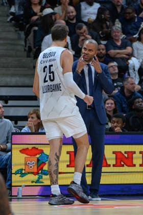 EuroLeague 2026, Paris Basketball vs LDLC ASVEL Villeurbanne, Basketball HUGO BESSON of ASVEL talks with ASVEL Head Coach TONY PARKER during the EuroLeague 2026 match between Paris Basketball and LDLC ASVEL Villeurbanne at Adidas Arena on October 07, 2026 in Paris, France. Paris Adidas Arena France