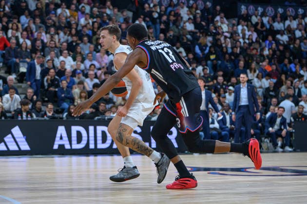 EuroLeague 2026, Paris Basketball vs LDLC ASVEL Villeurbanne, Basketball HUGO BESSON of ASVEL and Allan Dokossi of Paris Basket during the EuroLeague 2026 match between Paris Basketball and LDLC ASVEL Villeurbanne at Adidas Arena on October 07, 2026 in Paris, France. Paris Adidas Arena France