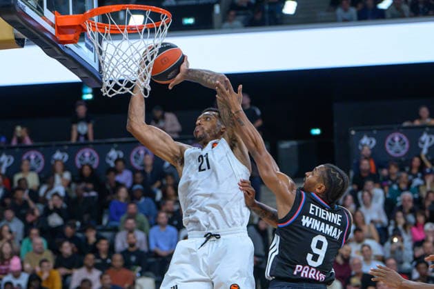 EuroLeague 2026, Paris Basketball vs LDLC ASVEL Villeurbanne, Basketball JOEL BOLOMBOY of ASVEL and Tyson Etienne of Paris Basket during the EuroLeague 2026 match between Paris Basketball and LDLC ASVEL Villeurbanne at Adidas Arena on October 07, 2026 in Paris, France. Paris Adidas Arena France