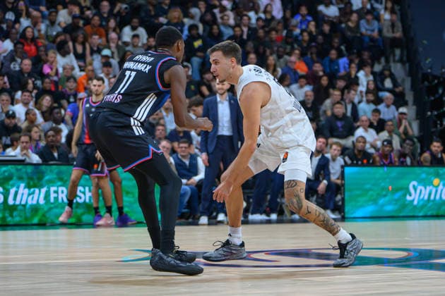 EuroLeague 2026, Paris Basketball vs LDLC ASVEL Villeurbanne, Basketball Joel Ayayi of Paris Basket and HUGO BESSON of ASVEL during the EuroLeague 2026 match between Paris Basketball and LDLC ASVEL Villeurbanne at Adidas Arena on October 07, 2026 in Paris, France. Paris Adidas Arena France
