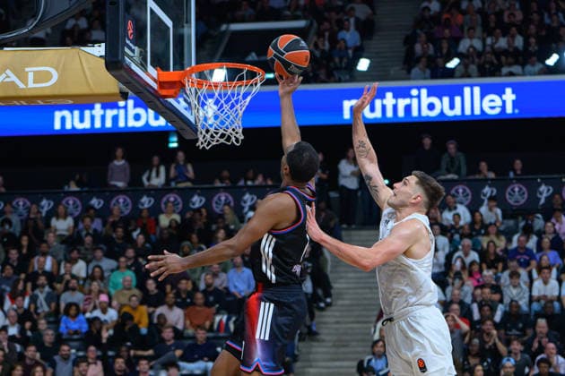 EuroLeague 2026, Paris Basketball vs LDLC ASVEL Villeurbanne, Basketball TJ Warren of Paris Basket and NATHAN SESTINA of ASVEL during the EuroLeague 2026 match between Paris Basketball and LDLC ASVEL Villeurbanne at Adidas Arena on October 07, 2026 in Paris, France. Paris Adidas Arena France