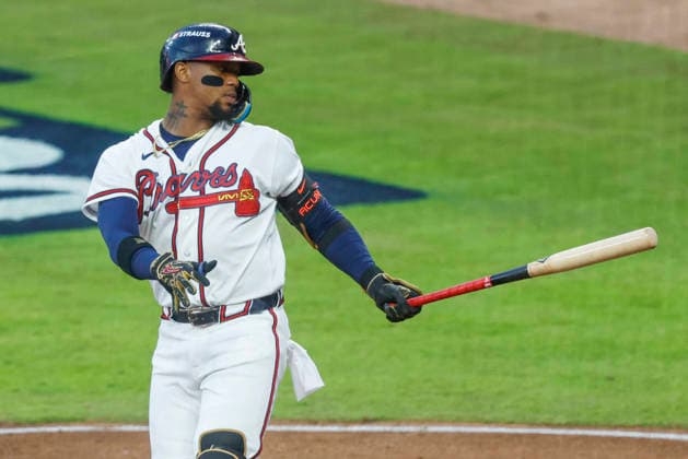 Atlanta Braves Ronald Acuna Jr. (13) strikes out swinging against the Los Angeles Dodgers in the third inning in an MLB, Baseball Herren, USA National League Division Series playoff game at Truist Park in Atlanta, Georgia, on Wednesday, October 7, 2026.  ATL20261007706 MIKExZARRILLI