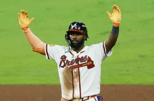 Atlanta Braves Michael Harris II (23) stands on second after hitting a double against the Los Angeles Dodgers in the seventh inning in an MLB, Baseball Herren, USA National League Division Series playoff game at Truist Park in Atlanta, Georgia, on Wednesday, October 7, 2026.  ATL20261007715 MIKExZARRILLI
