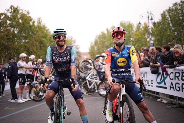 Last race for Italy s Jacopo Mosca of Lidl-Trek and Italy s Damiano Caruso of Bahrain Victorious during the 110th edition of the Gran Piemonte 2026 a 185 km one day race from Asti to Bra on October 08, 2026, Italy.  Copyright: xMarcoxAlpozzi LaPressex