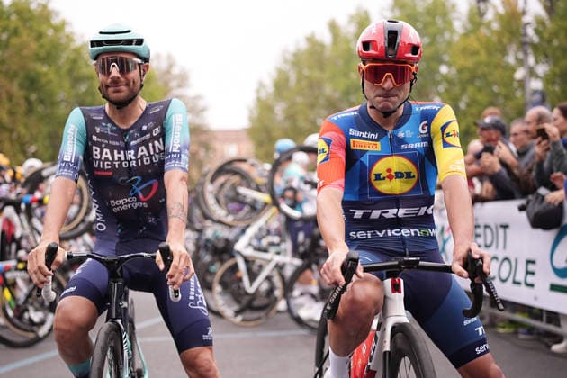 Last race for Italy s Jacopo Mosca of Lidl-Trek and Italy s Damiano Caruso of Bahrain Victorious during the 110th edition of the Gran Piemonte 2026 a 185 km one day race from Asti to Bra on October 08, 2026, Italy. Copyright: xMarcoxAlpozzi LaPressex
