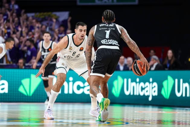 October 8, 2026, Madrid, Madrid, Spain: Alberto Abalde of Real Madrid and Carlik Jones of Partizan Mozzart Bet Belgrade in action during the Euroleague Basketball Regular Season Round 4 game between Real Madrid v Partizan Mozzart Bet Belgrade at Movistar Arena on October 08, 2026 in Madrid, Spain. Madrid Spain - ZUMAa181 20261008_zaa_a181_218 Copyright: xIrinaxR.xHipolitox