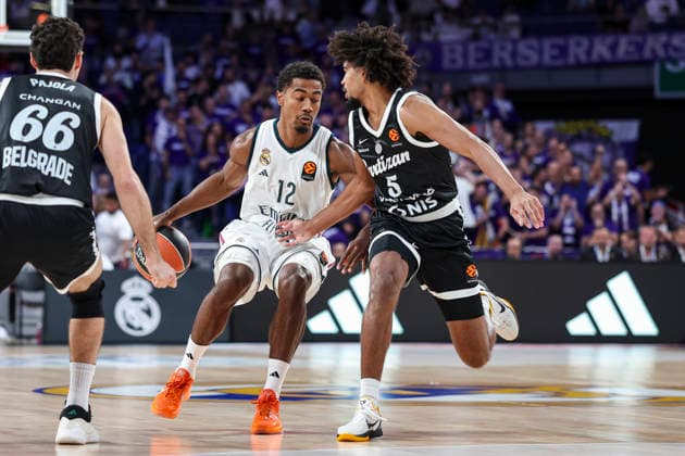 October 8, 2026, Madrid, Madrid, Spain: Theo Maledon of Real Madrid and Ethan Thompson of Partizan Mozzart Bet Belgrade in action during the Euroleague Basketball Regular Season Round 4 game between Real Madrid v Partizan Mozzart Bet Belgrade at Movistar Arena on October 08, 2026 in Madrid, Spain. Madrid Spain - ZUMAa181 20261008_zaa_a181_224 Copyright: xIrinaxR.xHipolitox