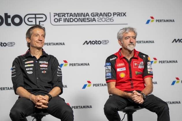 MOTO - MOTO GP - GRAND PRIX OF INDONESIA 2026 Rivola Massimo (ita), CEO Aprilia Racing, portrait with Dall Igna Luigi (ita), General Manager of Ducati Corse, presse conference during the 2026 MotoGP Pertamina Grand Prix of Indonesia on the Mandalika circuit from October 9 to 11, at West Nusa Tenggara, Indonesia - West Nusa TenggaraIndonesia  Copyright: xGIGIxSOLDANOx