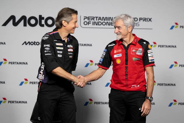 MOTO - MOTO GP - GRAND PRIX OF INDONESIA 2026 Rivola Massimo (ita), CEO Aprilia Racing, portrait with Dall Igna Luigi (ita), General Manager of Ducati Corse, presse conference during the 2026 MotoGP Pertamina Grand Prix of Indonesia on the Mandalika circuit from October 9 to 11, at West Nusa Tenggara, Indonesia - West Nusa TenggaraIndonesia  Copyright: xGIGIxSOLDANOx