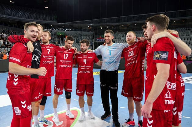 HC Zagreb v Aalborg Handbold - EHF Champions League Men Group Phase - Group C ZAGREB, CROATIA - OCTOBER 8: Lukas Nilsson, Thomas Arnoldsen, Alexandre Blonz, Patrick Wiesmach Larsen, Niklas Landin, Felix Moller and Patrick Anderson of Aalborg Handbold during the EHF Champions League match between HC Zagreb and Aalborg Handbold at Arena Zagreb on October 8, 2026 in Zagreb, Croatia.  IgorxKralj PIXSELL
