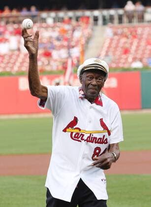 Rock and Roll legend Chuck Berry throws a ceremonial first pitch before the Chicago Cubs-St. louis Cardinals baseball game at Busch Stadium in St. Louis on July 29, 2011.  SLP2011072921