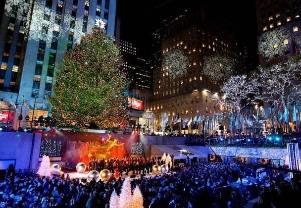 The Rockefeller Center Christmas Tree is lit up during the lighting ceremony on November 30, 2011 in New York City. The 74-foot tall Norway Spruce is adorned with over 45,000 LED lights and will attract thousands throughout the holiday season.  NYP20111130312