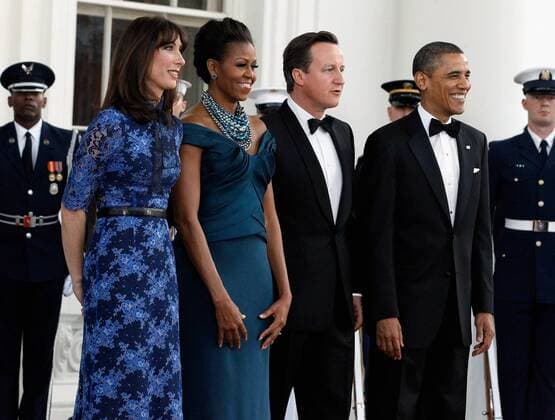 (L-R) Samantha Cameron, First lady Michelle Obama, British Prime Minister David Cameron and U.S. President Barack Obama pose for photographs on the North Portico of the White House March 14, 2012 in Washington, DC. Cameron is on a three-day visit to the U.S. and he was expected to have talks with Obama on the situations in Afghanistan, Syria and Iran.  WAX20120314232