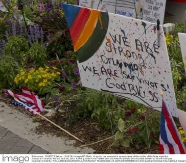 A sign at the memorial in remembrance of the victims of the Pulse nightclub massacre in Orlando, Florida, June 16, 2016. A lone gunman Omar Mateen shot and killed 49 patrons and wounded another 53 at the Pulse gay nightclub in Orlando.  MIA20160616115 GARYxIxROTHSTEIN
