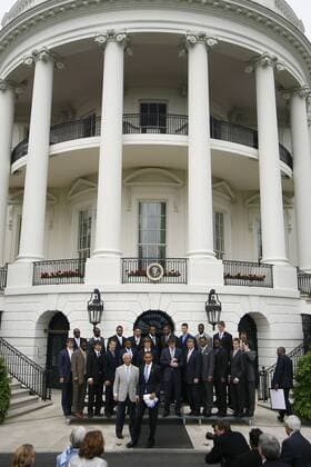 May 11, 2009 - Washington, District of Columbia, USA - UNC Men s Basketball Head Coach ROY WILLIAMS, front right, and President BARACK OBAMA, front left, stand for a photo with the UNC Men s Basketball team behind them outside of the White House. President Obama hosted the University of North Carolina Basketball Team at the White House to congratulate them on their NCAA Tournament Victory.  - ZUMA