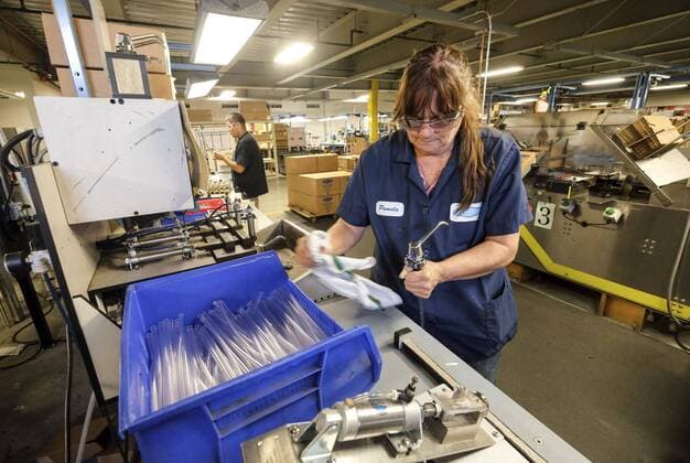 September 21, 2016 - Los Angeles, California, U.S - Employee works at manufacturing facility of Bobrick Washroom Equipment Co. Los Angeles U.S. - ZUMAc68_