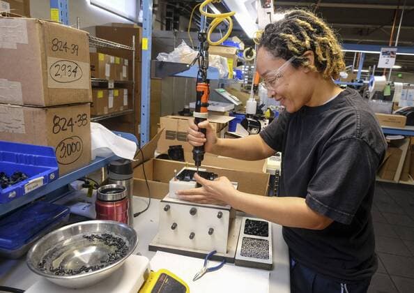 September 21, 2016 - Los Angeles, California, U.S - Employee works at manufacturing facility of Bobrick Washroom Equipment Co. Los Angeles U.S. - ZUMAc68_