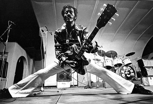 CHUCK BERRY (October 18, 1926 - March 18, 2017) was an American guitarist, singer and songwriter and is one of the pioneers of rock and roll music. With iconic songs such as Maybellene (1955), Roll Over Beethoven (1956), Rock and Roll Music (1957) and Johnny B. Goode (1958), Berry refined and developed rhythm and blues into the major elements that made rock and roll distinctive, with lyrics focusing on teen life and consumerism and music featuring guitar solos and showmanship that were a major influence on subsequent rock music. PICTURED: Oct. 16, 1986 - St. Louis, Missouri, U.S. - Rock and roll music legend CHUCK BERRY poses for a photo before his 60th birthday concert with a superb band put together by K. Richards at Fox Theatre. St. Louis U.S. - ZUMA 20110101_mda_g49_5607 Copyright: xGlobexPhotosx