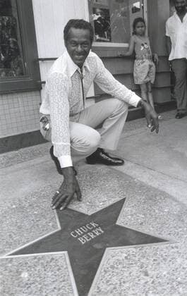 Legendary guitarist Chuck Berry poses with his star on the St. Louis Walk of Fame outside of Blueberry Hill Resturant in University City, Missouri on June 25, 1989. Berry died at his home in St. Charles County Missouri on March 18, 2017 at the age of 90.  SLP2017032001 BILLxGREENBLATT