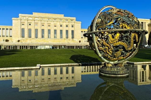 Himmelskugel Woodrow Wilson Memorial Sphere, Völkerbundpalast, Vereinte Nationen, Genf, Schweiz, Europa Copyright: imageBROKER GuenterxFischer iblgva04607158.jpg