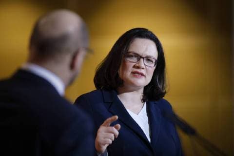 Themen der Woche Bilder des Tages Martin Schulz, SPD Parteivorsitzender, und Andrea Nahles, SPD Fraktionsvorsitzende, geben eine Pressekonferenz im Willy-Brandt-Haus. 07.02.2018, Berlin. Berlin Deutschland