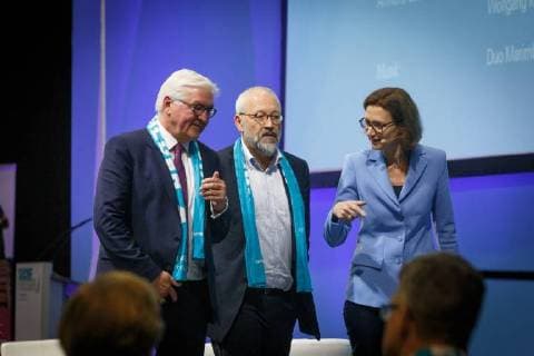 DEU, Deutschland, Nordrhein-Westfalen, Münster, 10.05.2018: 101. Deutscher Katholikentag - Frank-Walter Steinmeier, Bundespräsident; Prof. Dr. Herfried Münkler, Politikwissenschaftler und Bettina Schausten, Leiterin des ZDF-Hauptstadtstudios