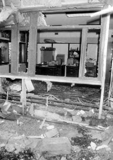- Another bomb attack claimed by the terrorist group Front Révolutionnaire d Action Prolétarienne , hit the building of AEG-Telefunken. On the picture : a view of the damaged office at corner of building (Brussels, Belgium). ARCHIVES  x34471620x