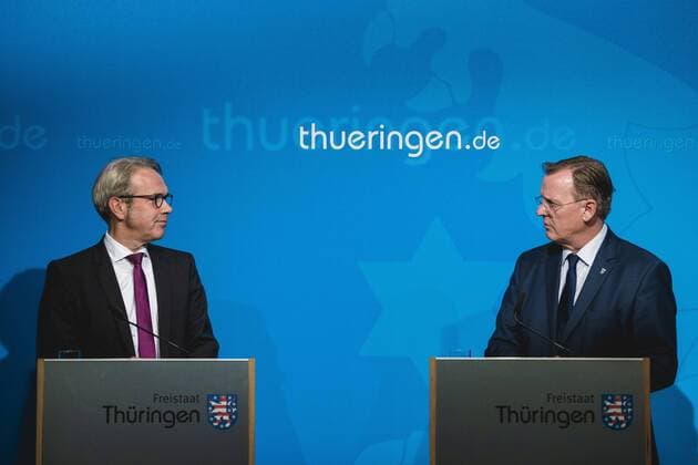 REGIERUNGSMEDIENKONFERENZ THÜRINGER LANDESREGIERUNG 28 08 2018 - Erfurt: Die Regierungsmedienkonferenz der Thüringer Landesregierung am 28. August 2018 in der Thüringer Staatskanzlei. Der Thüringer Ministerpräsident, Bodo Ramelow (DIE LINKE), und der Thüringer Minister für Inneres und Kommunales, Georg Maier (SPD), informierten über den Termin für die Landtagswahl 2019. _________________