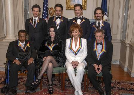 The recipients of the 41st Annual Kennedy Center Honors pose for a group photo following a dinner hosted by United States Deputy Secretary of State John J. Sullivan in their honor at the US Department of State in Washington, D.C. on Saturday, December 1, 2018. From left to right back row: Thomas Kail, Lin-Manuel Miranda, Andy Blankenbuehler, and Alex Lacamoire. Front row, left to right: Wayne Shorter, Cher, Reba McEntire, and Philip Glass The 2018 honorees are: singer and actress Cher; composer and pianist Philip Glass; Country music entertainer Reba McEntire; and jazz saxophonist and composer Wayne Shorter. This year, the co-creators of Hamilton, writer and actor Lin-Manuel Miranda; director Thomas Kail; choreographer Andy Blankenbuehler; and music director Alex Lacamoire will receive a unique Kennedy Center Honors as trailblazing cre Copyright: xRonxSachsx xPoolxviaxCNPx xMediaPunchx