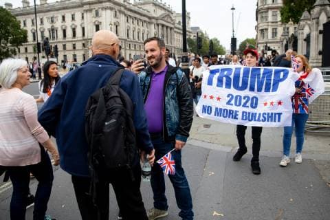 September 5, 2018 - London, London, UK - London, UK. NOTE: FILE PHOTO. James Goddard (4R) and Max Hammet-Millay (5R) videos a passerby during a Brexit demonstration in September. The pair have been accused of being part of the group calling Conservative MP Anna Soubry a Nazi on Monday this week. ORIGINAL CAPTION: Anti-Brexit demonstrators and some far-right sympathisers campaign outside the Houses of Parliament, calling for Britain s immediate exit from the EU, and the re-instating of former Foreign Secretary Boris Johnson. London UK  - ZUMAl94_ 20180905_zaf_l94_096 Copyright: xTomxNicholsonx
