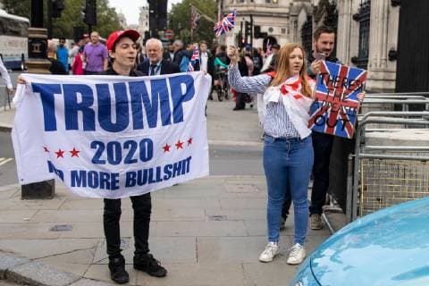 September 5, 2018 - London, London, UK - London, UK. NOTE: FILE PHOTO. Max Hammet-Millay (left) and James Goddard (right) pictured heckling a car leaving the Houses of Parliament, during a Brexit demonstration in September. The pair have been accused of being part of the group calling Conservative MP Anna Soubry a Nazi on Monday this week. ORIGINAL CAPTION: Anti-Brexit demonstrators and some far-right sympathisers campaign outside the Houses of Parliament, calling for Britain s immediate exit from the EU, and the re-instating of former Foreign Secretary Boris Johnson. London UK  - ZUMAl94_ 20180905_zaf_l94_097 Copyright: xTomxNicholsonx