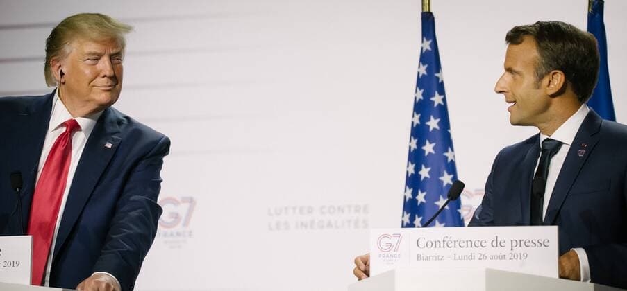 News Bilder des Tages 26.8.2019 - Gemeinsame Abschluspressekonferenz von Donald Trump und Emmanuel Macron - G7 in Biarritz - Vom 24. bis zum 26. August findet im südfranzösischen Biarritz, der jährlich ausgerichtete G7 Gipfel statt. Zum Abschluss der Tagung hielten der amerikanische Präsident Donald Trump und der französische Präsident Emmanuel Macron eine gemeinsame Pressekonferenz ab. Themen waren unter anderem die bilateralen Verhältnisse nd Beschlüsse der vergangenen Tage. Copyright: xMichaelxTrammerx