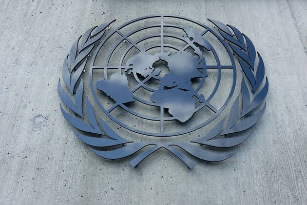 Emblem der Vereinten Nationen Emblem der Vereinten Nationen, 02.08.2019. Genf, Ariane Park, Schweiz, Das Emblem der Vereinten Nationen zeigt eine Weltkarte mit Zweigen des Olivenbaumes.