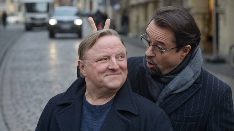 Bilder des Jahres 2019, Entertainment 11 November Entertainment Themen der Woche KW46 Entertainment Bilder des Tages DEU, Deutschland, Nordrhein-Westfalen, Münster, 14.11.2019: Pressefototermin am Set vom Münster Tatort Limbus . Axel Prahl als Kommissar Frank Thiel und Jan Josef Liefers als Prof. Karl-Friedrich Boerne