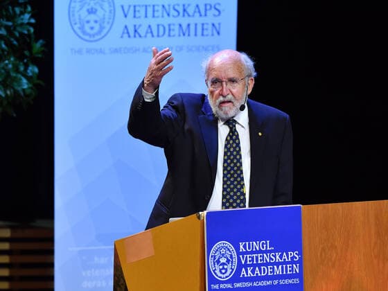 Physics Laureate Michel Mayor speaks during his Nobel Lecture Plurality of Worlds in the Cosmos A Dream of Antiquity, A Modern Reality of Astrophysics at Stockholms University, Stockholm, Sweden December 8, 2019 STOCKHOLM Sweden x10030x,  Copyright: xJonasxEkströmer TTx NOBEL 2019