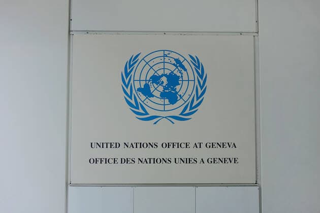 Büro der Vereinten Nationen in Genf Büro der Vereinten Nationen in Genf, 03.08.2019, Genf, Avenue de la Paix, Schweiz, Das Logo der Vereinten Nationen befindet sich an einem Büro in Genf.
