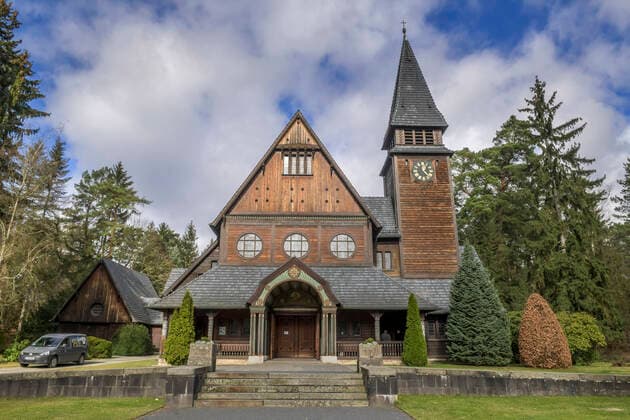 Stabkirche, Kapelle, Südwestkirchhof, Bahnhofstrasse, Stahnsdorf, Brandenburg, Deutschland