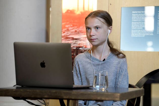 Swedish environmental activist Greta Thunberg during a video conversation with Professor Johan Rockström, who participates via link from Germany, about the coronavirus pandemic and the environment at the Nobel Museum in Stockholm, Sweden, on April 22, 2020 STOCKHOLM SWEDEN x10070x,  Copyright: xJessicaxGow TTx GRETA THUNBERG