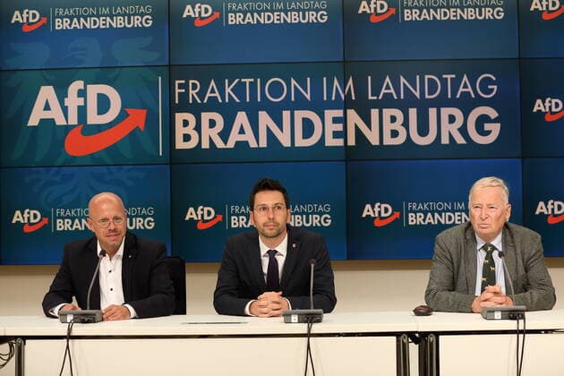 Bilder des Jahres 2020, News 08 August News Themen der Woche KW32 News Bilder des Tages Andreas Kalbitz (parteilos, bisheriger AfD-Landes- und Fraktionschef), Dennis Hohloch (AfD) und Alexander Gauland (AfD), v.l., während einer Pressekonferenz zu den Ergebnissen einer Sondersitzung der Landtagsfraktion, nach der Kalbitz sein Amt als Fraktionschef bis zu einer Entscheidung des Landgerichts Berlin zum Parteirauswurf durch den Bundesvorstand vorläufig ruhen lässt, Landtag Brandenburg, Potsdam, 4. August 2020. Landtag Brandenburg: Sondersitzung der AfD-Fraktion