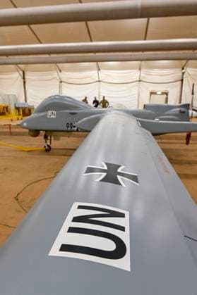 Mali, Gao, Minusma UN mission MALI, Gao, Minusma UN peace keeping mission, Camp Castor, german army Bundeswehr, hangar with reconnaissance drone Heron