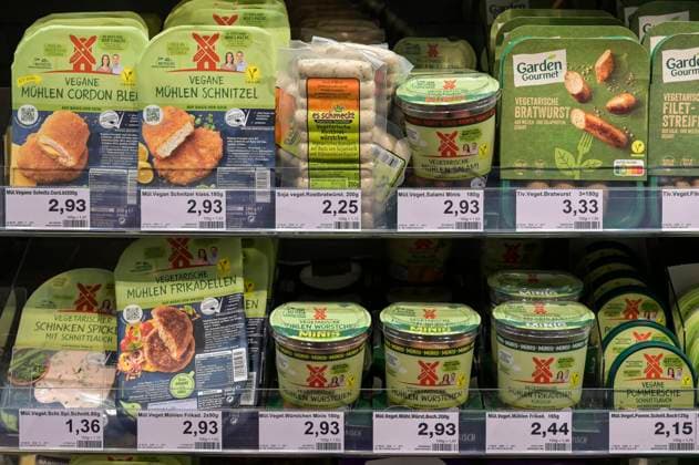 Germany, vegetarian meat taste products GERMANY, Edeka supermarket, processed vegetarian meat taste substitute products