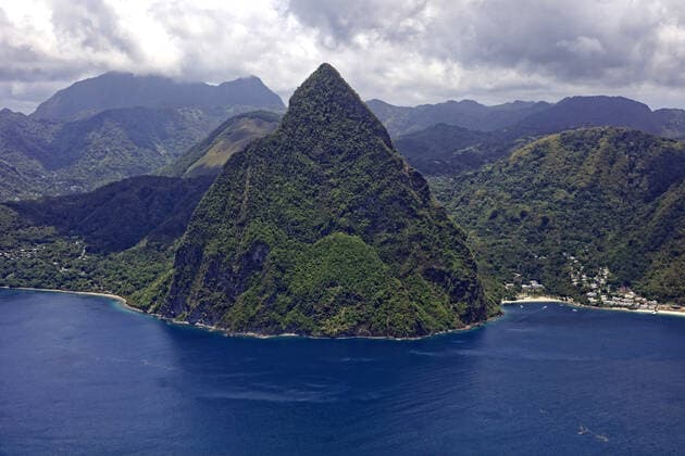 Caribbean: Saint Lucia Caribbean, Saint Lucia: aerial view of the coast and the mountainous volcanic plug Petit Piton, volcano of the Soufriere Volcanic Center or Qualibou America; Caribbean; Saint Lucia  Copyright: xHedelinxF Andia.frx 372017