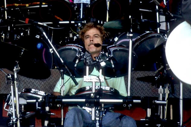 Frank Beard von ZZ Top beim Soundcheck zum Konzert der Recycler World Tour in der Milton Keynes Bowl. Milton Keynes, 06.07.1991