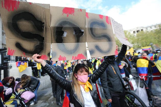 May 5, 2021, London, England, United Kingdom: Hundreds of Colombians staged a demonstration in London s Trafalgar Square against government in their country after hundreds of people injured and dozens reportedly killed during protests in last week. Protests in Colombia started on April 28 against the now shelved tax reform. President Duque announced on Sunday that he would withdraw the tax reform but protests have continued in Colombia s major cities. Protesters were angry at the use of force by the security forces. Colombia s ombudsman on Monday said at least 19 people had died during a week of unrest. London United Kingdom - ZUMAs262 20210505_zip_s262_103 Copyright: xTayfunxSalcix