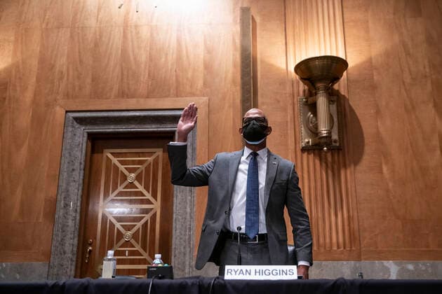 May 11, 2021, Washington, District of Columbia, USA: Ryan Higgins, chief information security officer at the U.S. Department of Commerce, is sworn in to testify before the Senate Homeland Security and Governmental Affairs Committee in Washington, D.C., U.S., on Tuesday, May 11, 2021. The hearing is titled Prevention, Response, and Recovery: Improving Federal Cybersecurity Post-SolarWinds. .Credit: Sarah Silbiger Pool via CNP Washington USA - ZUMAs152 20210511_zaa_s152_184 Copyright: xSarahxSilbigerx-xPoolxViaxCnpx