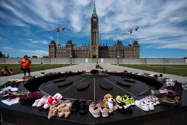 Bilder des Jahres 2021, News 05 Mai News Themen der Woche KW21 News Bilder des Tages May 30, 2021, Ottawa, on, Canada: Shoes line the edge of the Centennial Flame on Parliament Hill in memory of the 215 children whose remains were found at the grounds of the former Kamloops Indian Residential School at Tkâ€⠢emlups te Secwo pemc First Nation in Kamloops, B.C., on Sunday, May 30, 2021, Ottawa Canada - ZUMAc35_ 20210530_zaf_c35_047 Copyright: xJustinxTangx
