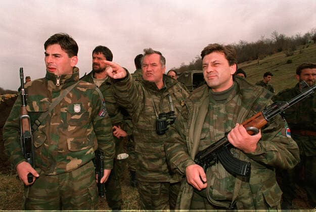 June 8, 2021: Former Bosnian Serb commander Ratko Mladic has lost his appeal against a 2017 conviction for genocide, war crimes and crimes against humanity. The UN court upheld the life sentence for his role in the killing of around 8,000 Bosnian Muslim (Bosniak) men and boys in Srebrenica in 1995. The massacre, in an enclave supposed to be under UN protection, was the worst atrocity in Europe since World War Two. FILE IMAGE SHOT ON: April 16, 1994, Gorazde, Bosnia and Herzegovina: Former Serb Army Commander RATKO MLADIC, right, near the town of Gorazde during the Bosnian War. Gorazde Bosnia and Herzegovina - ZUMAs107 19940416_jas_s107_002 Copyright: xDraganxStankovichx